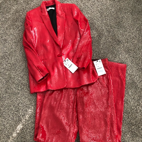 zara red sequin suit